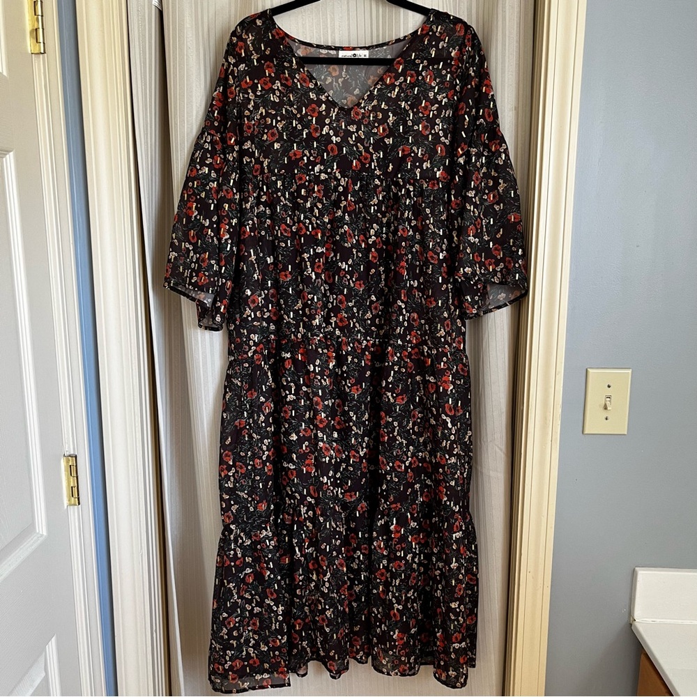 NATURAL LIFE Brown Orange and Gold Floral Tiered Dress